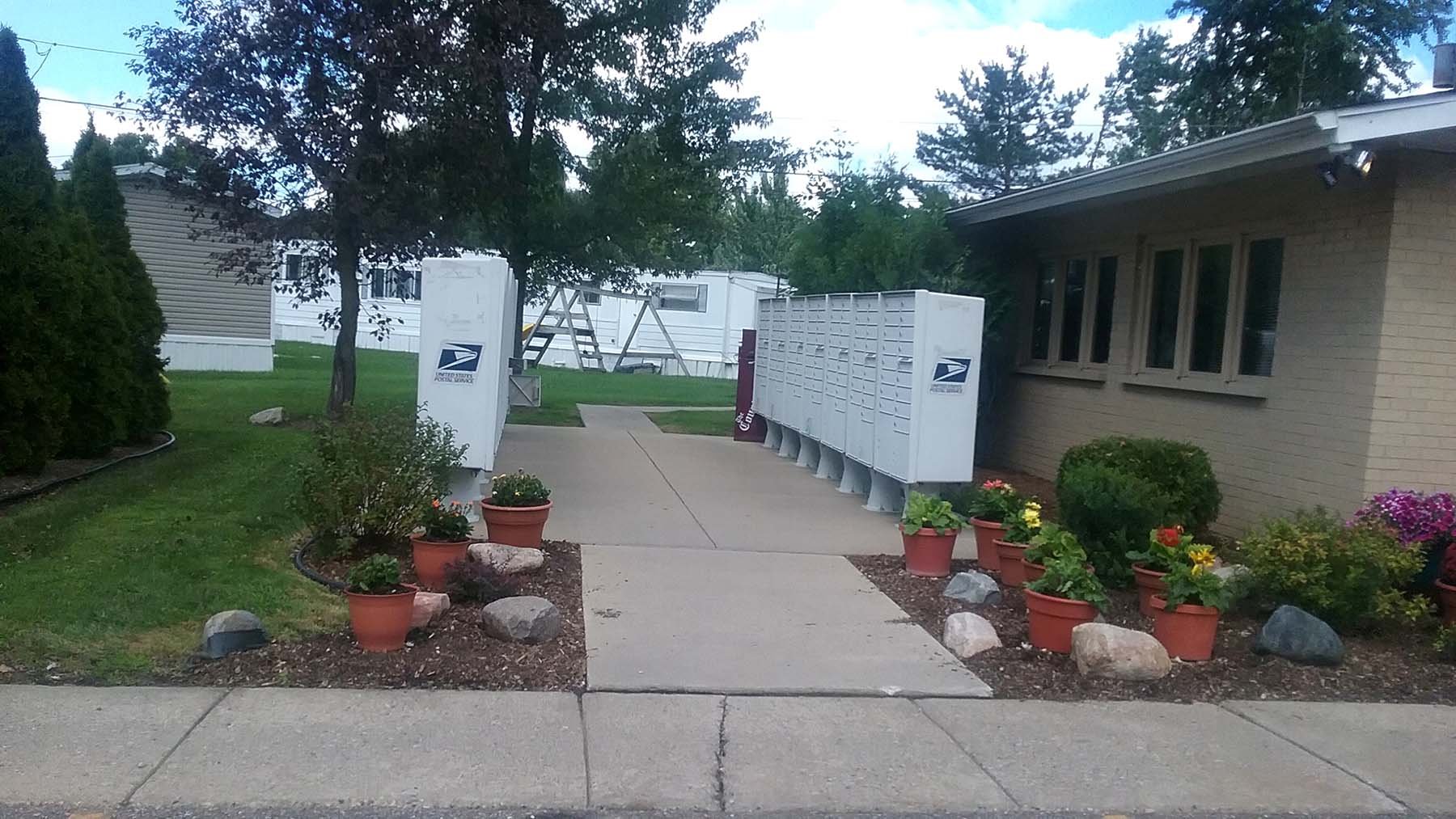 Landscaped walkway and community building